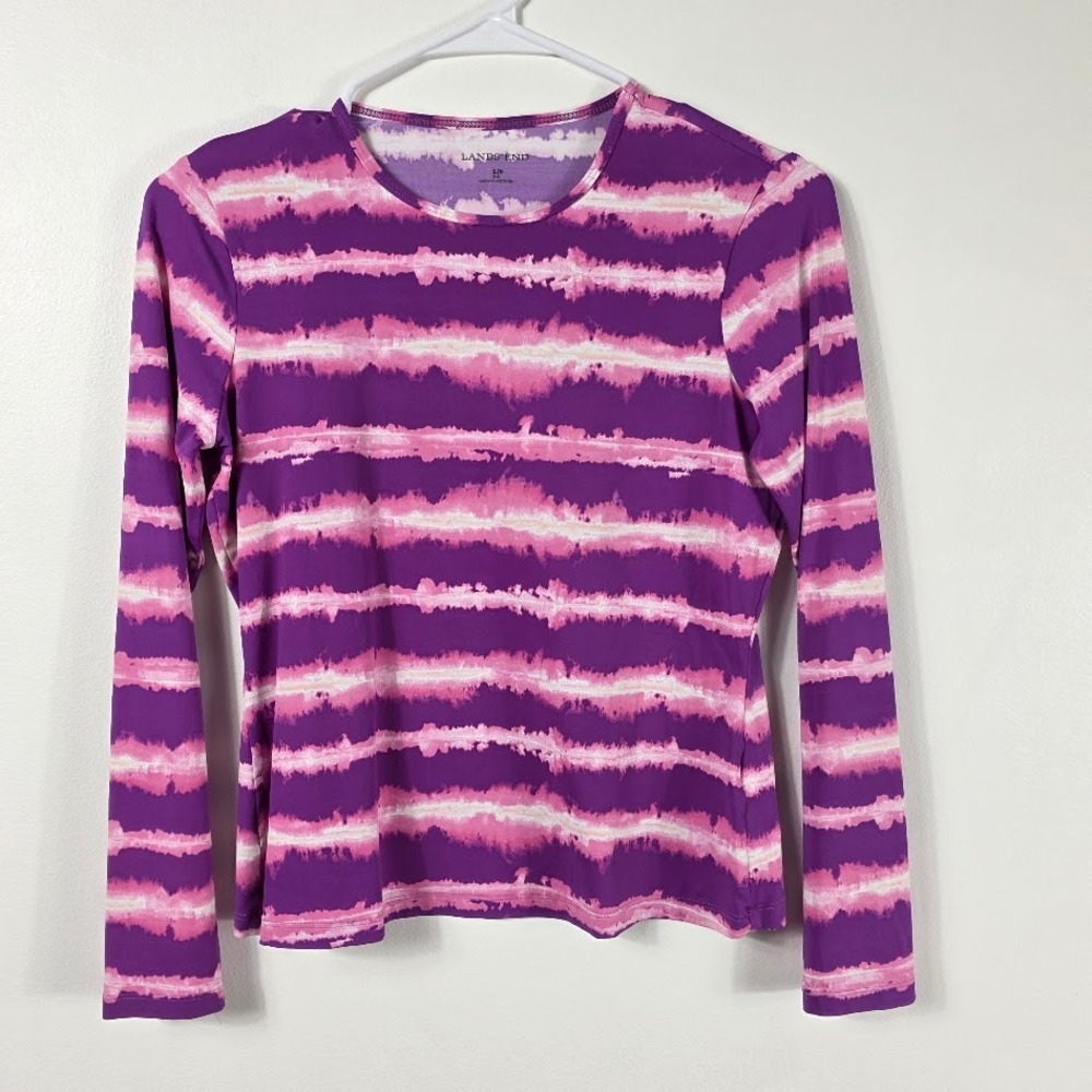 Lands' End Tie Dye Stripe Top SP Womens Preppy Artsy Sporty Crew Purple Pink